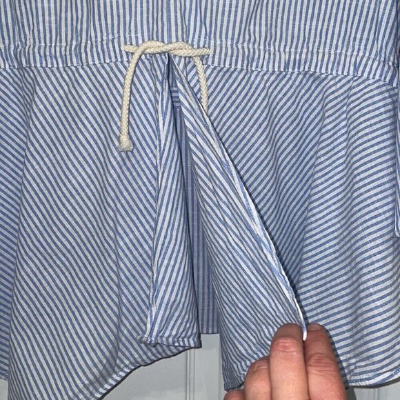 Zara Light Blue & White Striped Asymmetrical Hem Bell Sleeve Top with drawstring - Picture 3 of 7